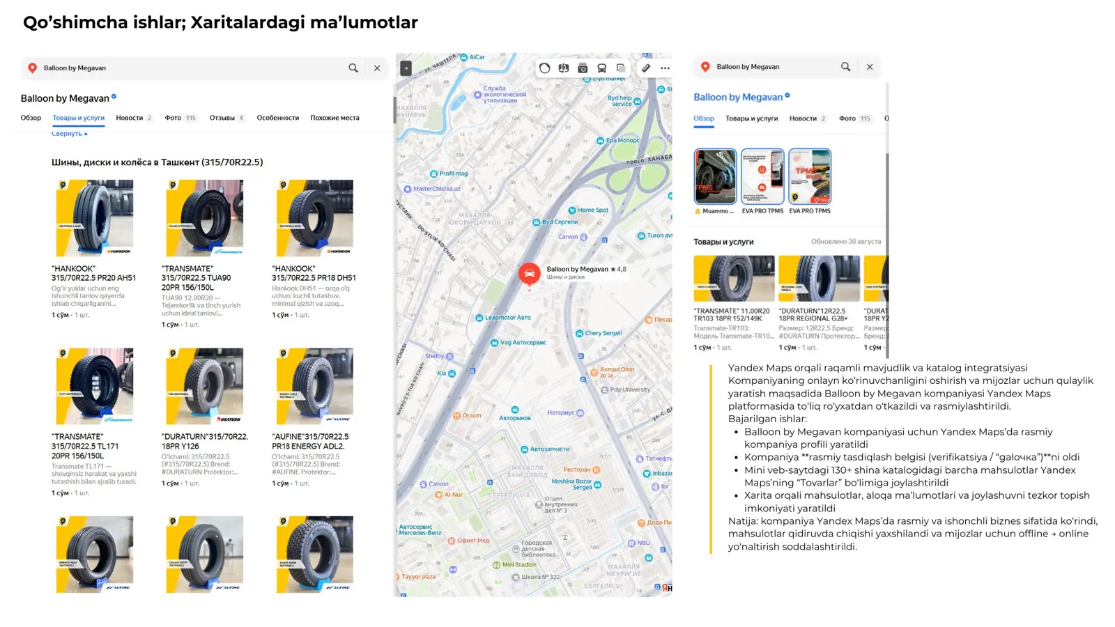 Yandex Maps profili va tovarlar